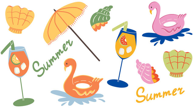 Summer Beach Elements Set with Flamingo Float and Drinks