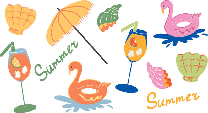 Summer vacation illustration with cocktail, flamingo pool float and beach umbrella