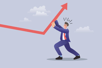 Fototapeta premium Businessman pushing up rising graph arrow for business recovery and overcoming obstacles concept.