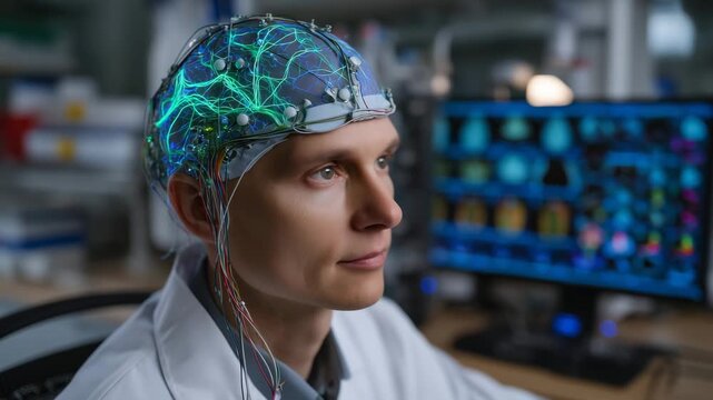 Neuroscientist observing live brain activity scans during cognitive testing, multicolored neural pathways illuminating in overcast laboratory, patient wearing sensor cap, electrode