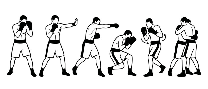 Boxing stances and punch techniques set, professional athlete fighting movements collection, black and white minimalist line art vector illustration showing hook jab clinch and defense training postur