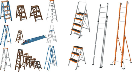 Step ladders and stools collection with wooden aluminum folding and extension ladder designs isolated on white background © MstTanzila