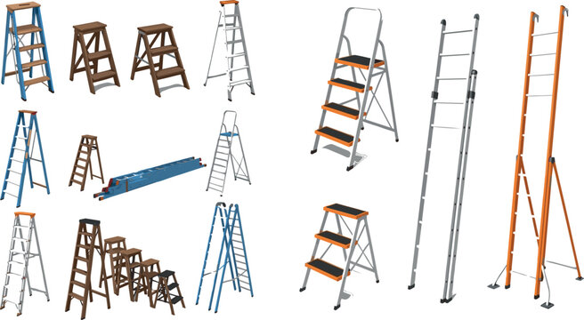 Step ladders and stools collection with wooden aluminum folding and extension ladder designs isolated on white background