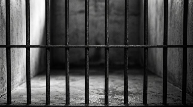 a close-up view of prison bars in a black-and-white color scheme. 
