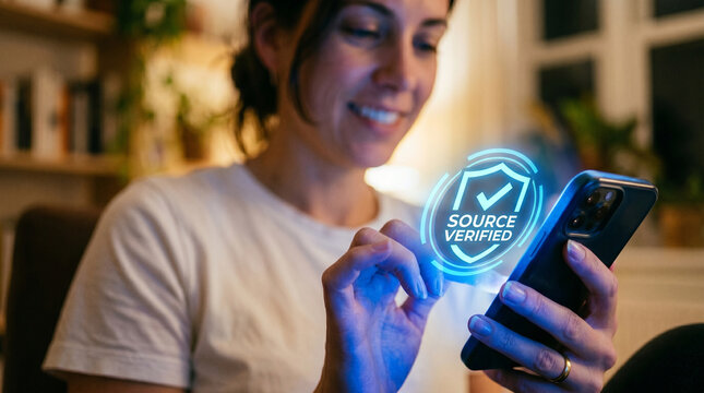 Woman using smartphone, anti ai content verification, digital shield, online safety, social media