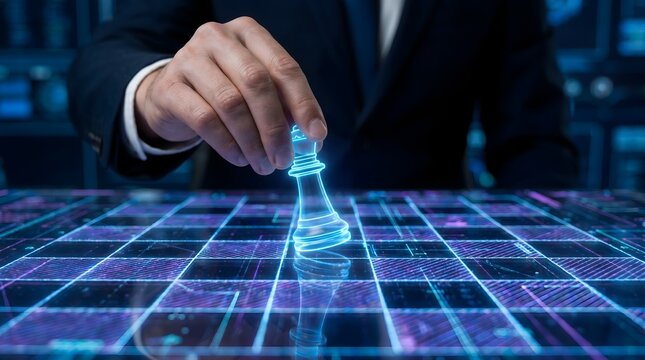 Businessman moving a glowing digital chess piece on a virtual board representing business strategy