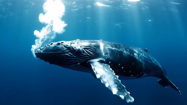 Humpback whale swimming in deep blue ocean under sunlight
