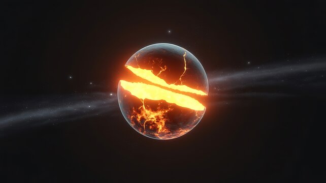 Glowing orange planet exploding in space