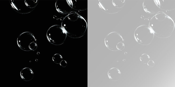 Floating soap bubbles set with transparent liquid spheres and air