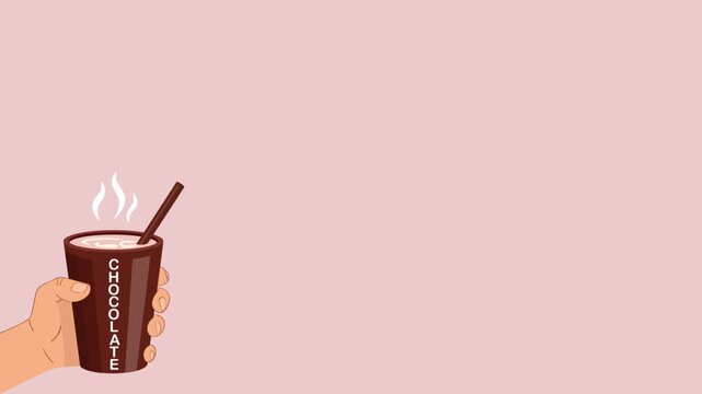 Hand Holding a Brown Cup with Chocolate Text and Steam on Pink Background