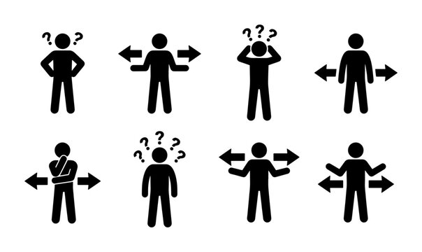Decision Making Icons, Choice Dilemma Symbols, Question Mark People Graphics, Directional Arrows, Confusion and Uncertainty Vector Set