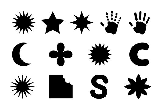 Black Graphic Icons Set: Stars, Hands, Moon, Shapes, Letters, and Bite Mark for Design Elements