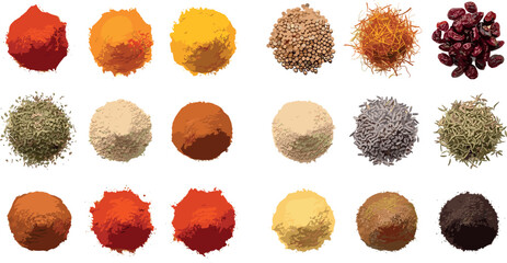 Collection of colorful spices and herbs powder piles with seeds and dried ingredients isolated on white background © MstTanzila