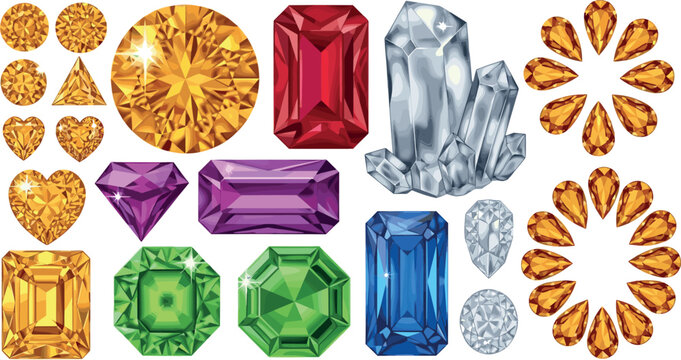 Colorful gemstone collection with crystals and faceted jewels set including ruby emerald sapphire amethyst and topaz isolated