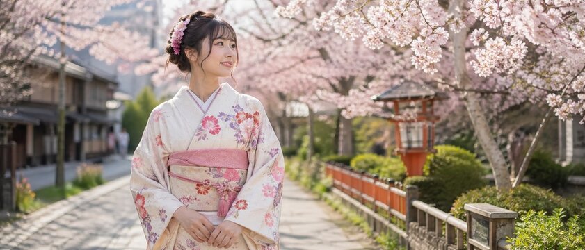 Asian woman wearing japanese traditional kimono and cherry blossom in spring, Japan.