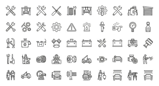 Set of Hand-Drawn Icons for Automotive and Mechanical Services.