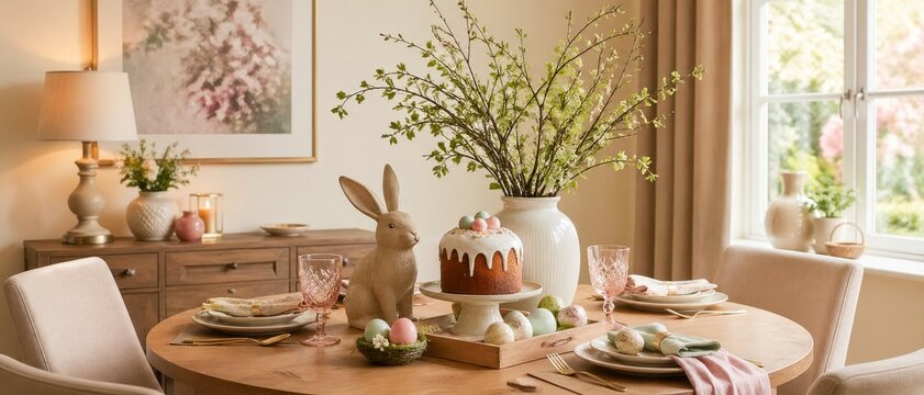 Warm and cozy composition of easter dining room interior with round table, cake, hare sculpture, colorful eggs, wooden trace, vase with leaves and personal accessories. Home decor. Template.