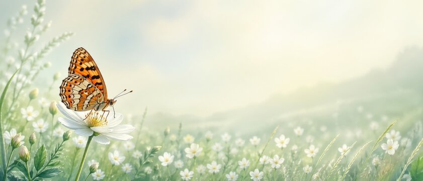 A delicate red-band fritillary butterfly rests on a flower amidst a soft-focus, dreamy meadow filled with white blooms on a foggy spring morning