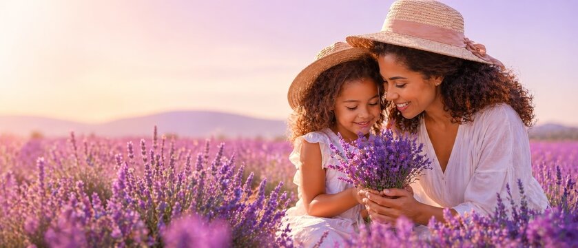 Mother and daughter in a lavender field. Hands hold purple pink flowers. Love, happiness, pleasure, tranquility, unity with nature. Essential oils. The smell of summer. child