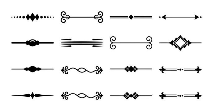 Elegant Black Decorative Ornate Dividers, Ornate Flourishes, Vintage Text Separators, Classic Page Ornaments, 16 Vector Elements