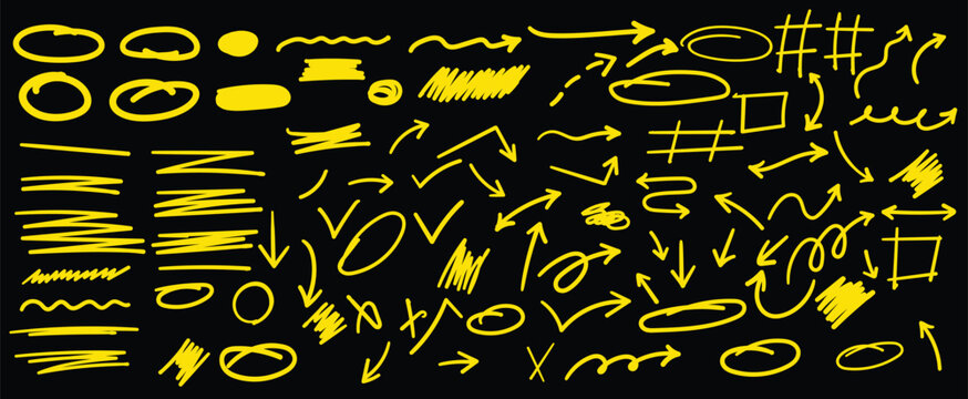 Hand drawn yellow marker elements, arrows, circles, underlines and check marks collection