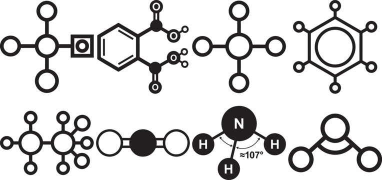 Molecular structure line icons set for chemistry and physics diagrams.