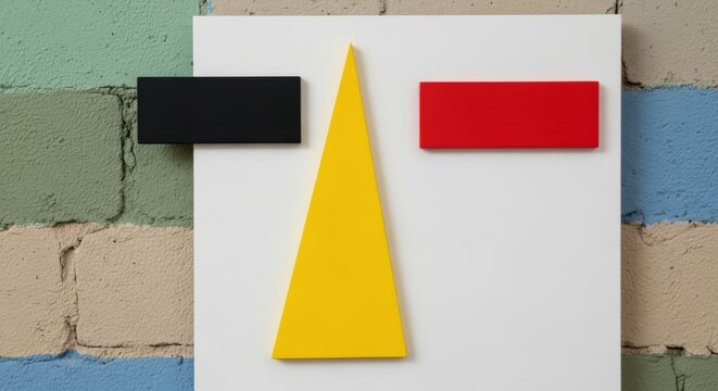 Colorful geometric shapes on a white background against a painted brick wall