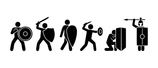 Obraz premium Warrior stick figure icons set with shield and sword, ancient soldiers in battle action poses, roman legionary silhouette collection for historical design, black pictogram isolated on white background