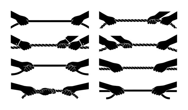 Tug of War Vector Icons, Competition and Strength Symbolism, Human Hands Gripping Rope, Silhouette Graphics for Conflict and Challenge Concepts