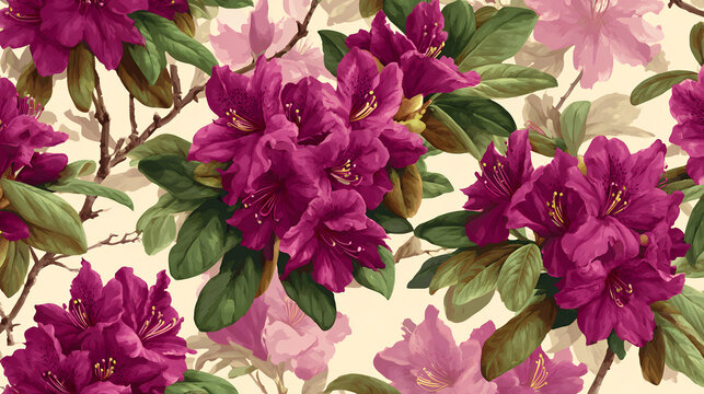 Seamless botanical pattern featuring vibrant magenta rhododendron flowers with lush green leaves on a creamy beige background, ideal for elegant textile design and floral wallpaper.