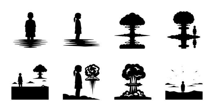 Childhood Innocence vs. Nuclear Threat: Silhouette Icons of a Young Girl Facing Atomic Explosions, Symbolizing War, Danger, and Existential Crisis