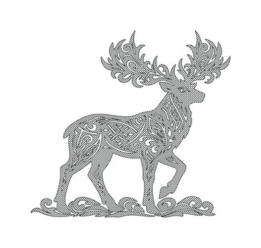 Ciervo ornamental, ilustraci&oacute;n vectorial de un majestuoso venado con intrincados cuernos y cuerpo decorado, dise&ntilde;o elegante para tatuajes, logotipos o decoraci&oacute;n, estilo celta y art nouveau