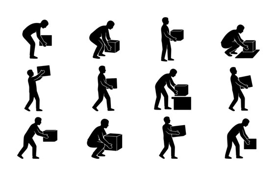 Ergonomic Lifting Techniques, Safe Box Handling Poses, Manual Labor Instruction Icons, Warehouse Worker Actions, Industrial Safety Guide
