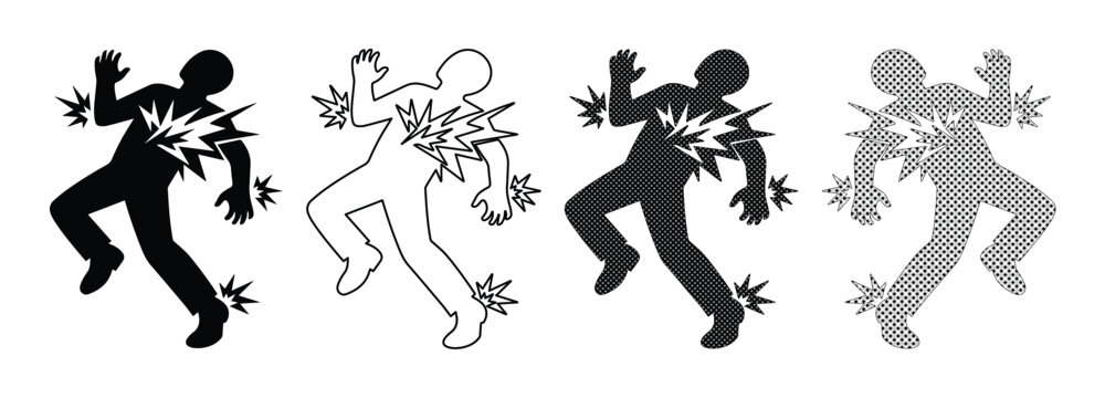 Siluetas de personas con dolor, vector de figuras humanas sufriendo, iconos de malestar f&iacute;sico, conjunto de ilustraciones de lesiones y enfermedad