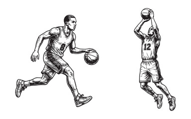 Basketball Player Action Poses of Athlete Performing Slam Dunk and Dribbling © trianatio
