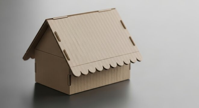 Small cardboard house model with a sloping roof and scalloped edges