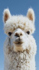 Fototapeta premium Fluffy white alpaca portrait captured from a low angle perspective against a clear blue sky, showcasing its soft fur and distinctive facial features