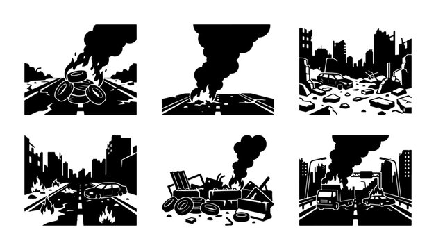 Apocalyptic Cityscape Vector Icons, Post-Disaster Urban Scenes, Ruined Buildings and Vehicles, Destruction and Chaos Graphics, Black and White Set