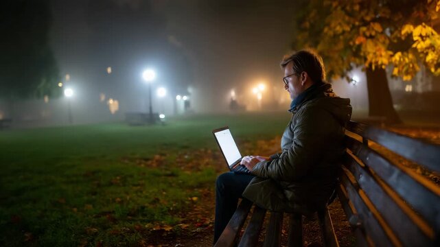 Startup founder rehearsing elevator pitch alone in early morning mist filled park, laptop balanced on bench with presentation slides glowing in pre-dawn darkness, ideal for pitch p