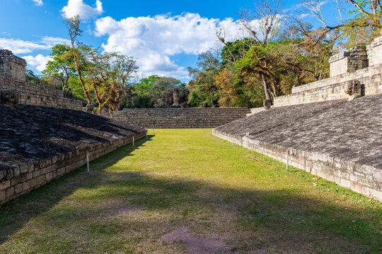 Mayan ritual ball court with carved macaw, Copan, Honduras.