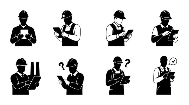 Construction Worker Icons Set, Engineer Silhouettes with Tablets, Safety Helmets, Industrial Professionals, Diverse Actions, Vector Graphics
