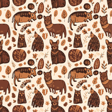 Delightful seamless pattern featuring various woodland creatures, leaves, and autumnal elements.