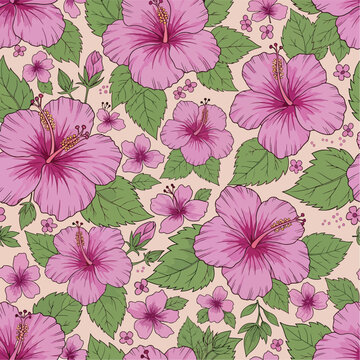 Delightful seamless pattern featuring vibrant pink hibiscus flowers and green leaves against a light background