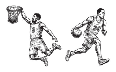 Basketball Player Action Poses of Athlete Performing Slam Dunk and Dribbling © trianatio