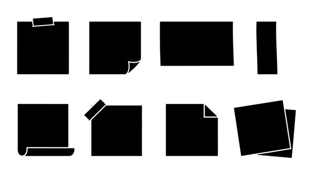 Black Sticky Notes Collection, Vector Memo Pads Set, Simple Paper Reminders, Isolated Graphic Elements for Notes and Tasks