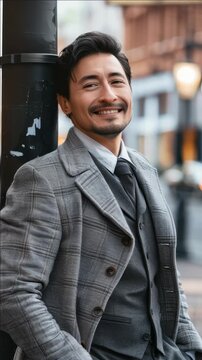 A man with a beard is smiling and leaning against a pole on a city street. He's wearing a plaid suit jacket over a dress shirt and vest.