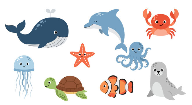 Cute Sea Animal Illustration Set Isolated on White