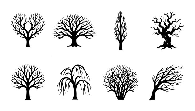 Diverse Bare Tree Silhouettes, Winter Woodland Elements, Seasonal Nature Graphics, Vector Art Collection
