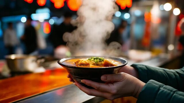 Street food vendor hands steaming bowl of traditional soup to traveler at night market stall, neon signs reflecting on wet pavement behind aromatic steam, perfect for culinary tour