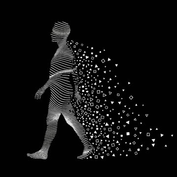 Human figure dissolving into geometric shapes and particles.